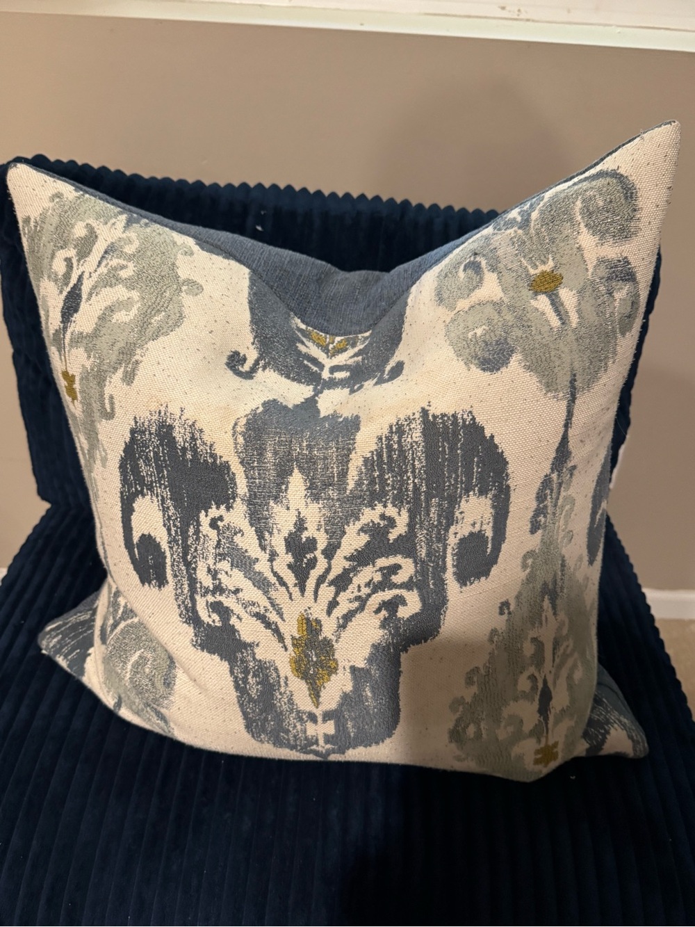 D.V. Kap Home Blue and Cream Damask Accent Pillow with Gold Highlights
